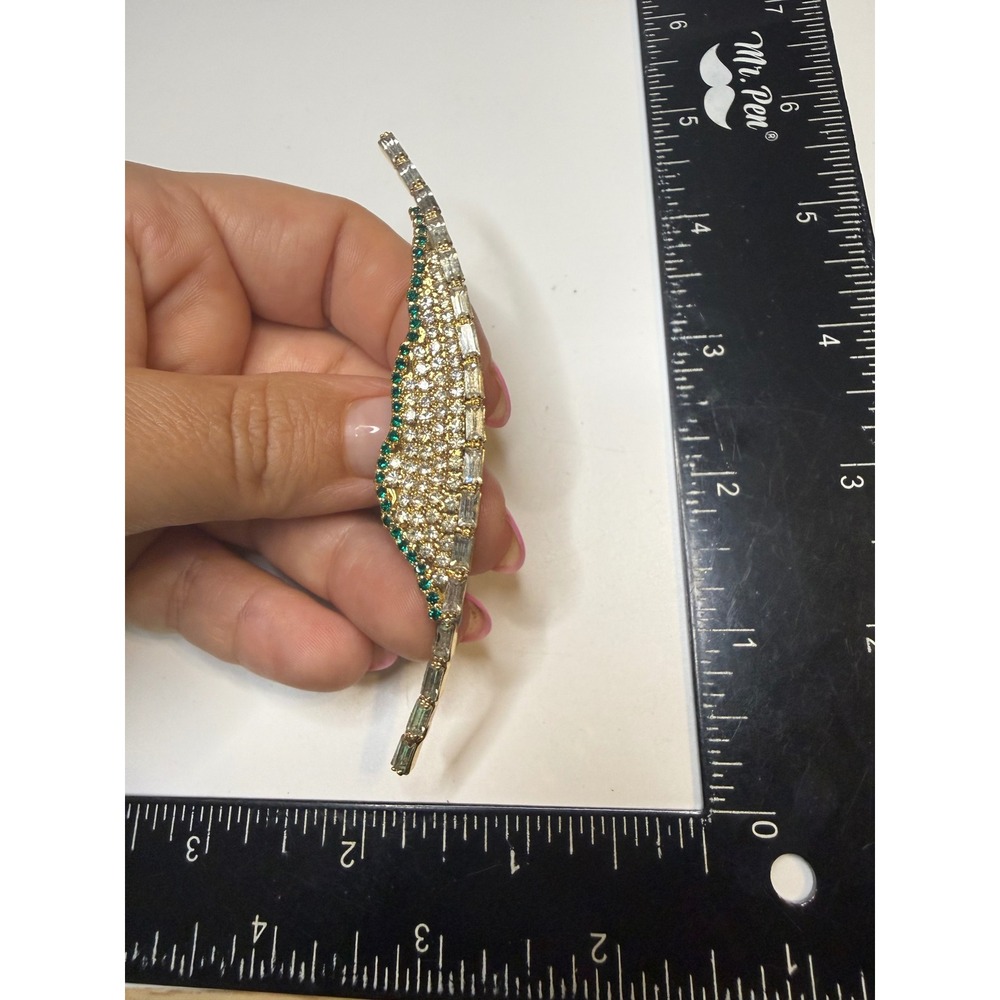 Vintage Grosse Germany Gold Tone Rhinestone Green Crystal Leaf‎ Brooch Pin 4.5"
